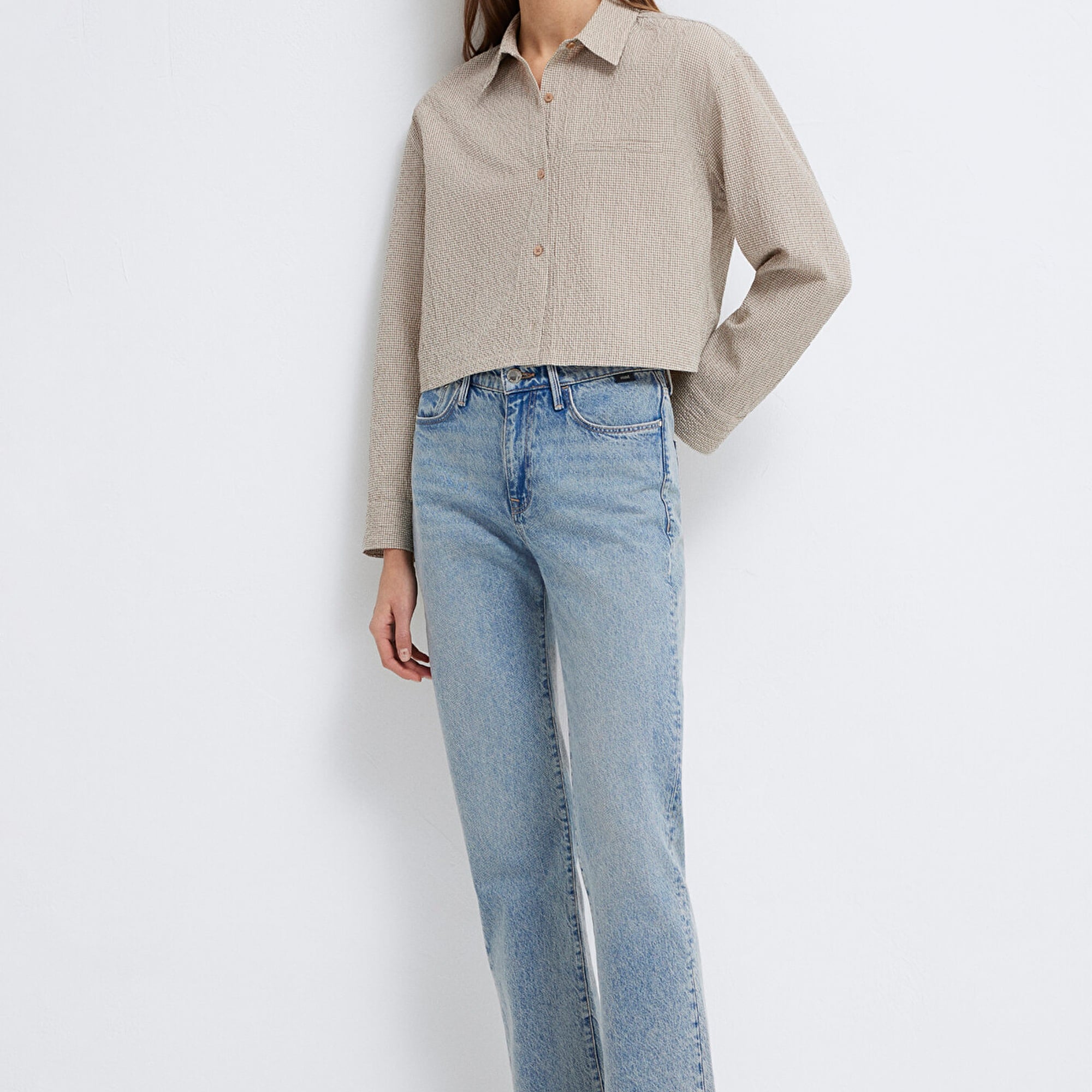 Mavi Kahverengi Crop Gömlek Loose Fit / Bol Rahat Kesim 1211388-83169