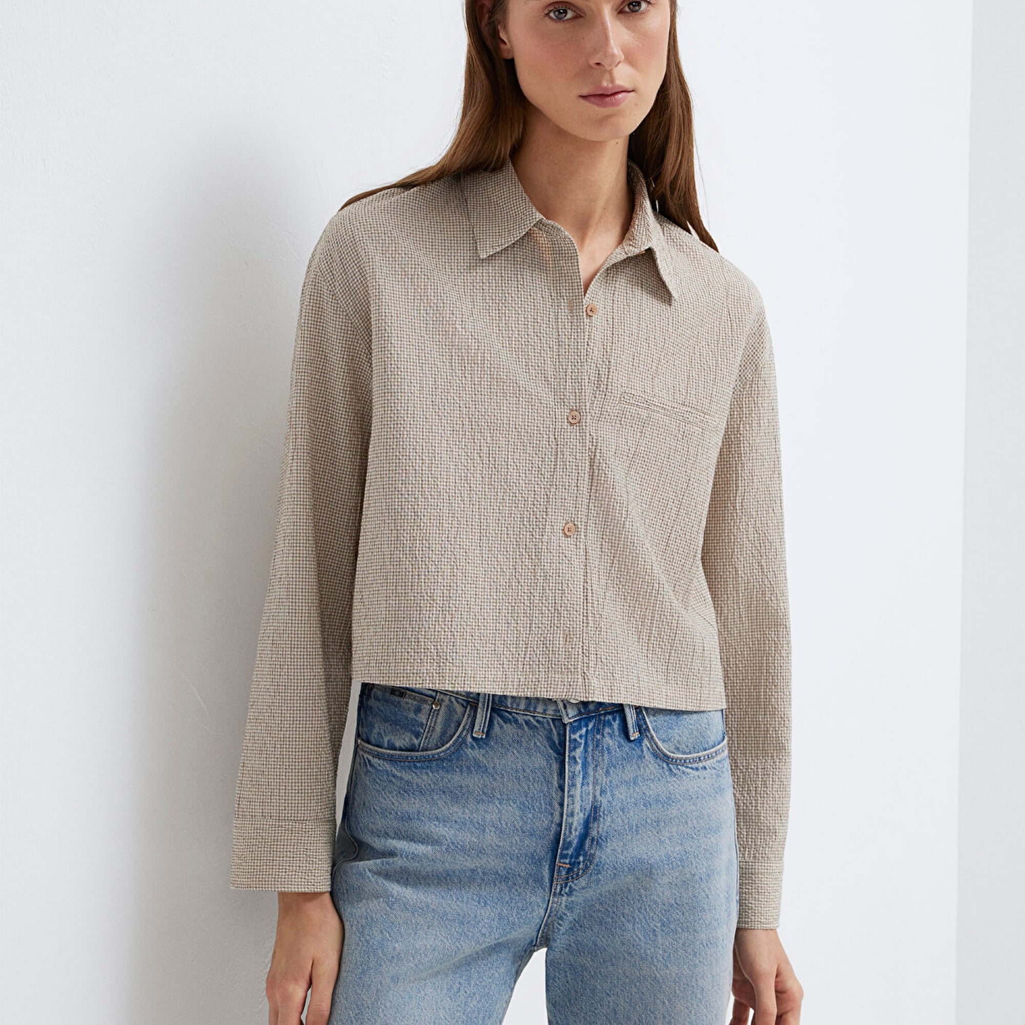 Mavi Kahverengi Crop Gömlek Loose Fit / Bol Rahat Kesim 1211388-83169