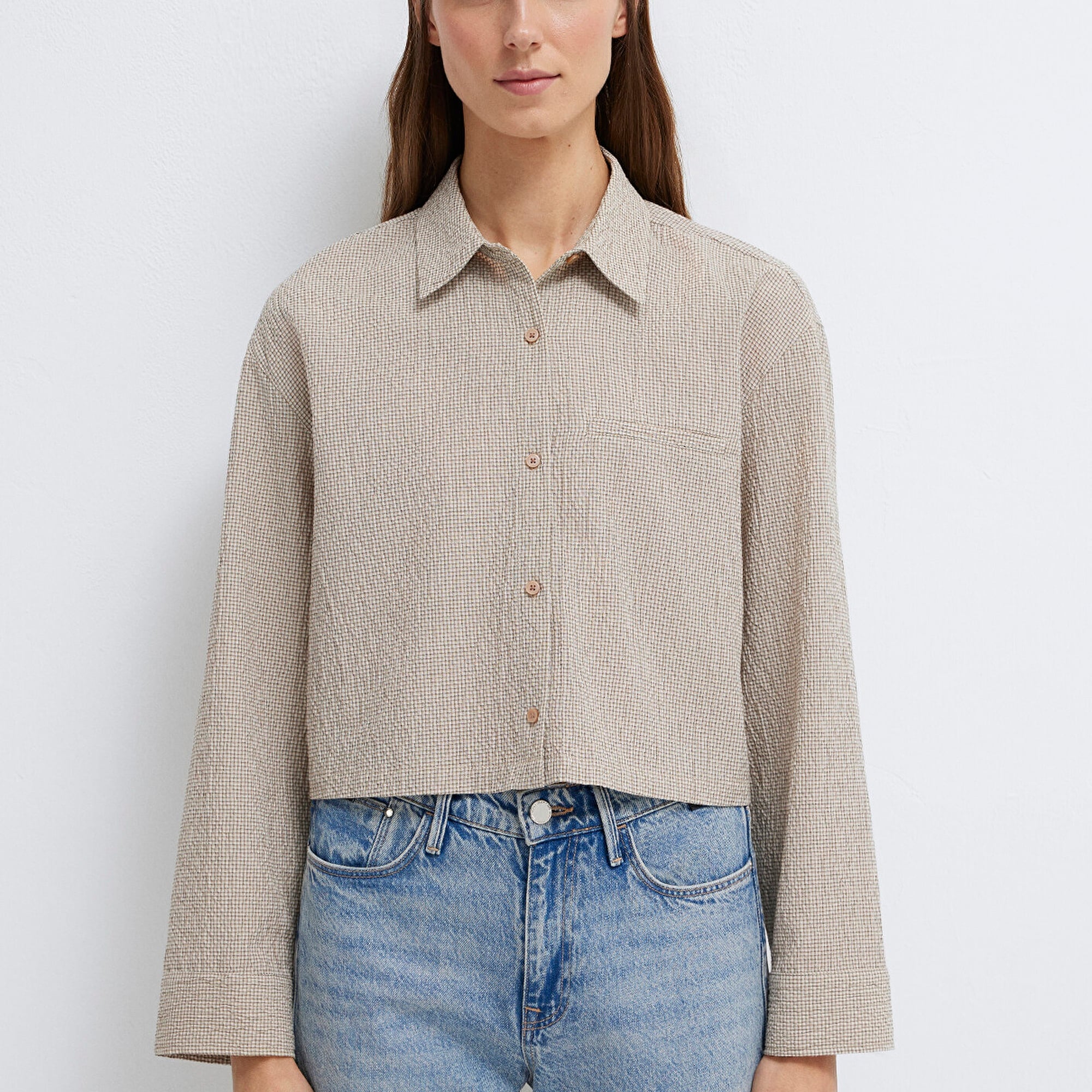 Mavi Kahverengi Crop Gömlek Loose Fit / Bol Rahat Kesim 1211388-83169