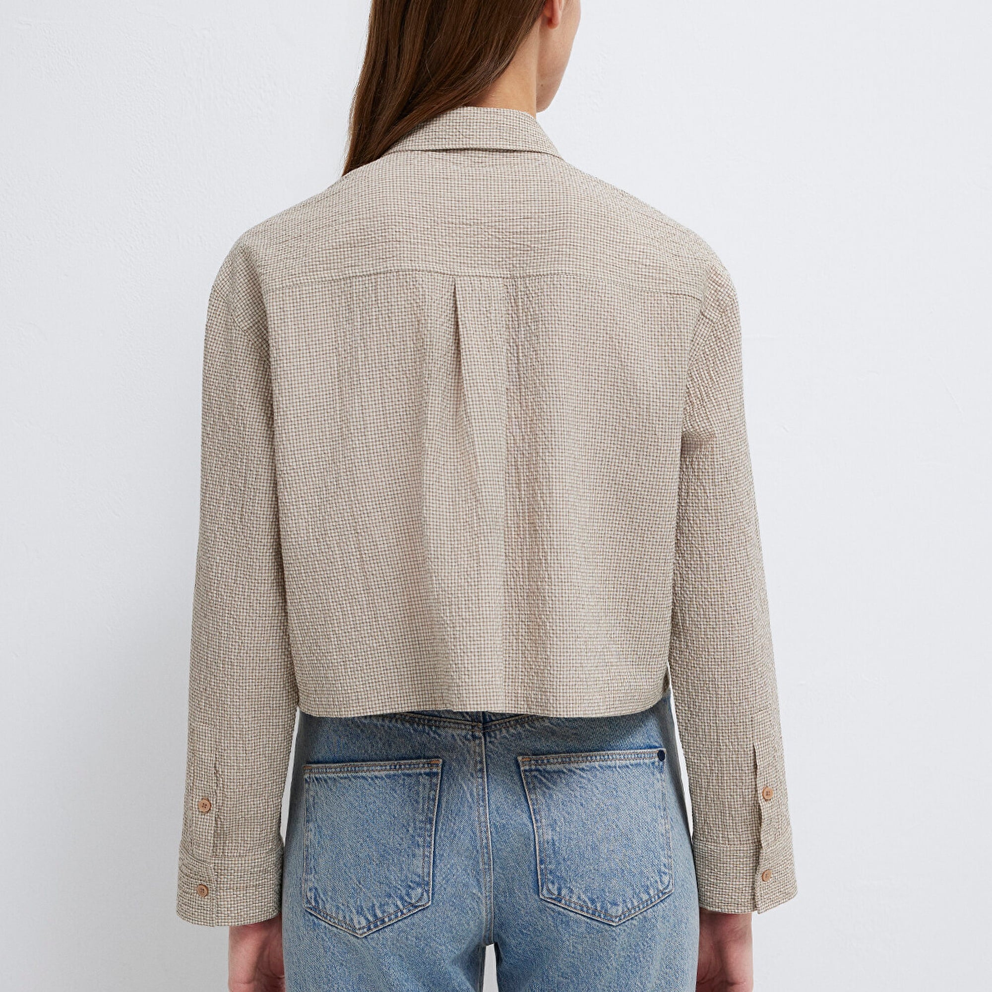 Mavi Kahverengi Crop Gömlek Loose Fit / Bol Rahat Kesim 1211388-83169