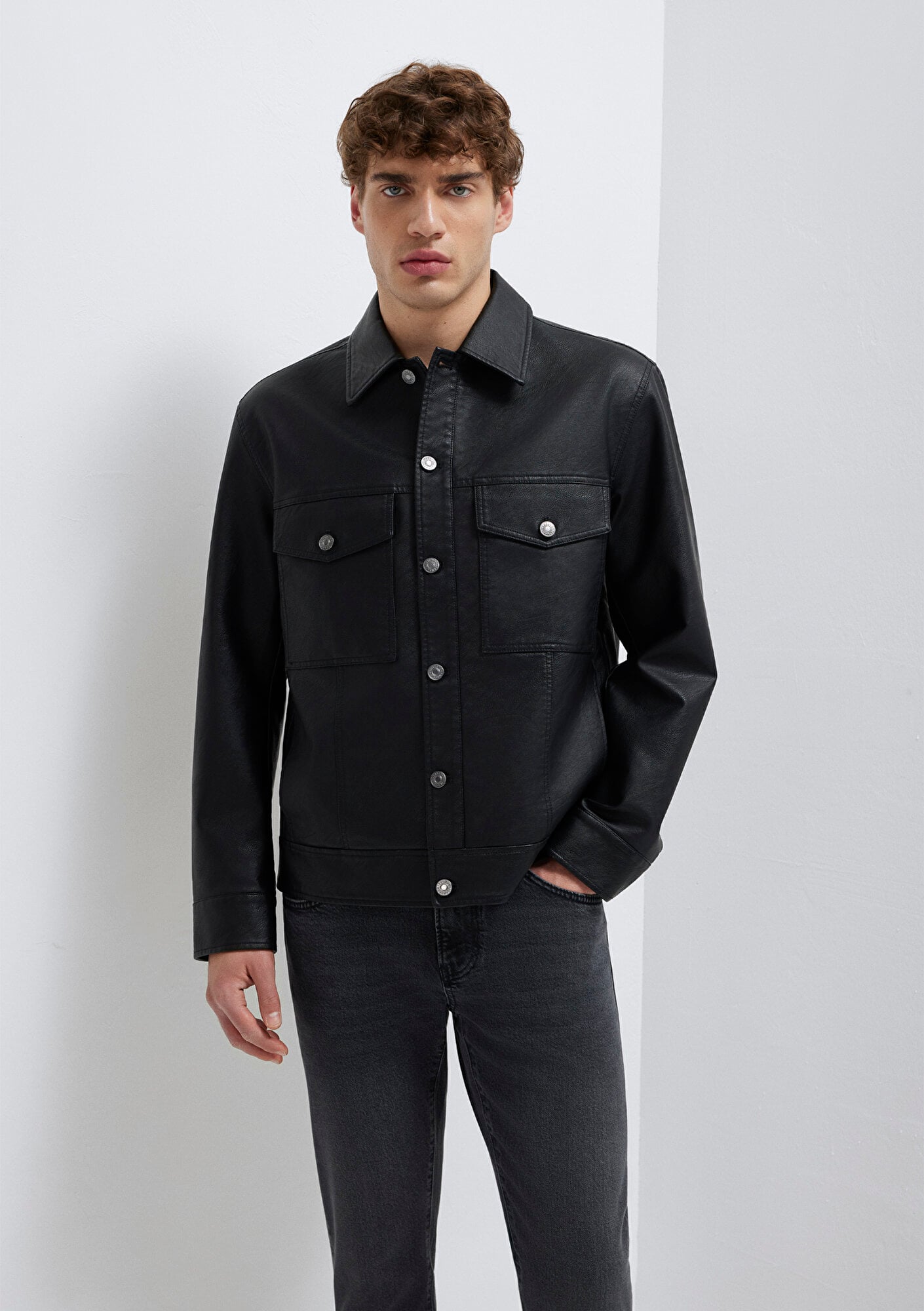  Mavi Siyah Suni Deri Ceket Loose Fit / Bol Rahat Kesim 0110798-71379