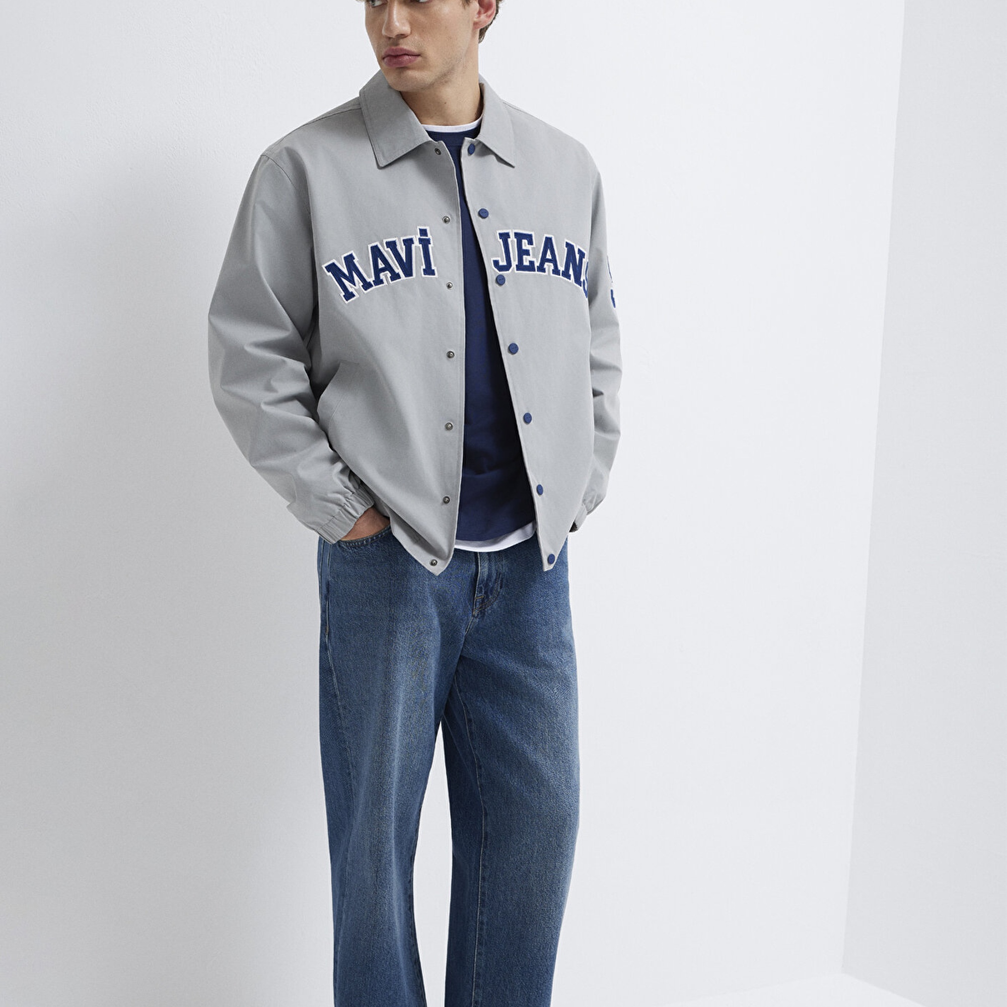 Mavi Nakış Detaylı Gri Ceket Loose Fit / Bol Rahat Kesim 0110769-82824