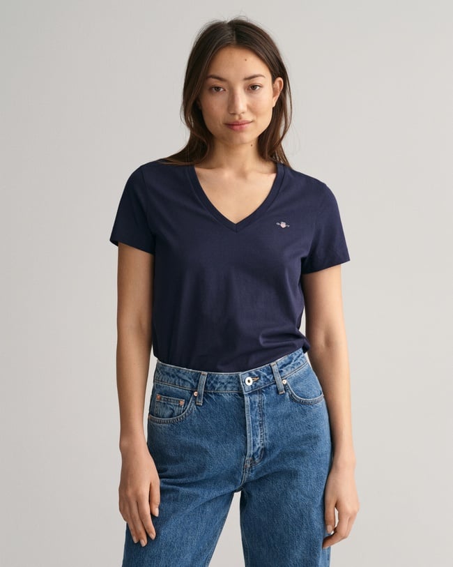  GANT Kadın Mavi V Yaka Regular Fit T-Shirt