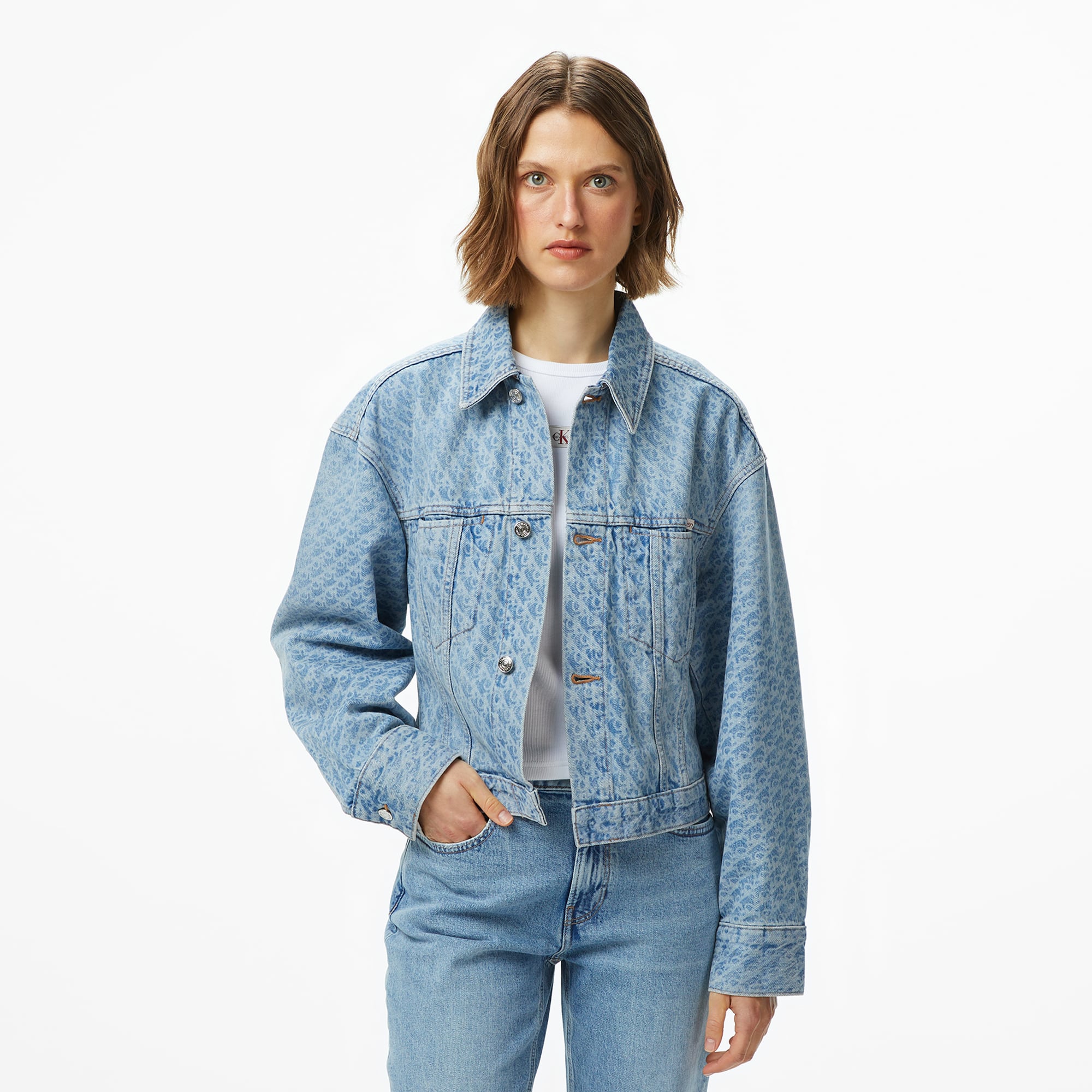  Calvin Klein Cinched Trucker Printed Kadın Mavi Ceket