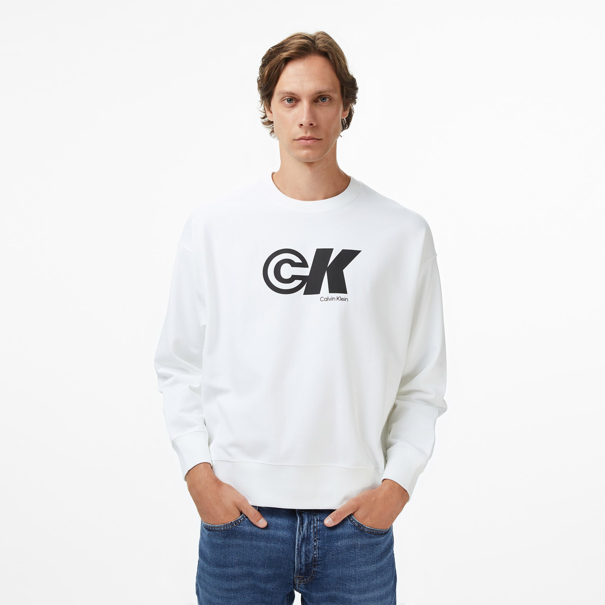 Calvin Klein Premium Terry Sport Graphic Erkek Beyaz Sweatshirt