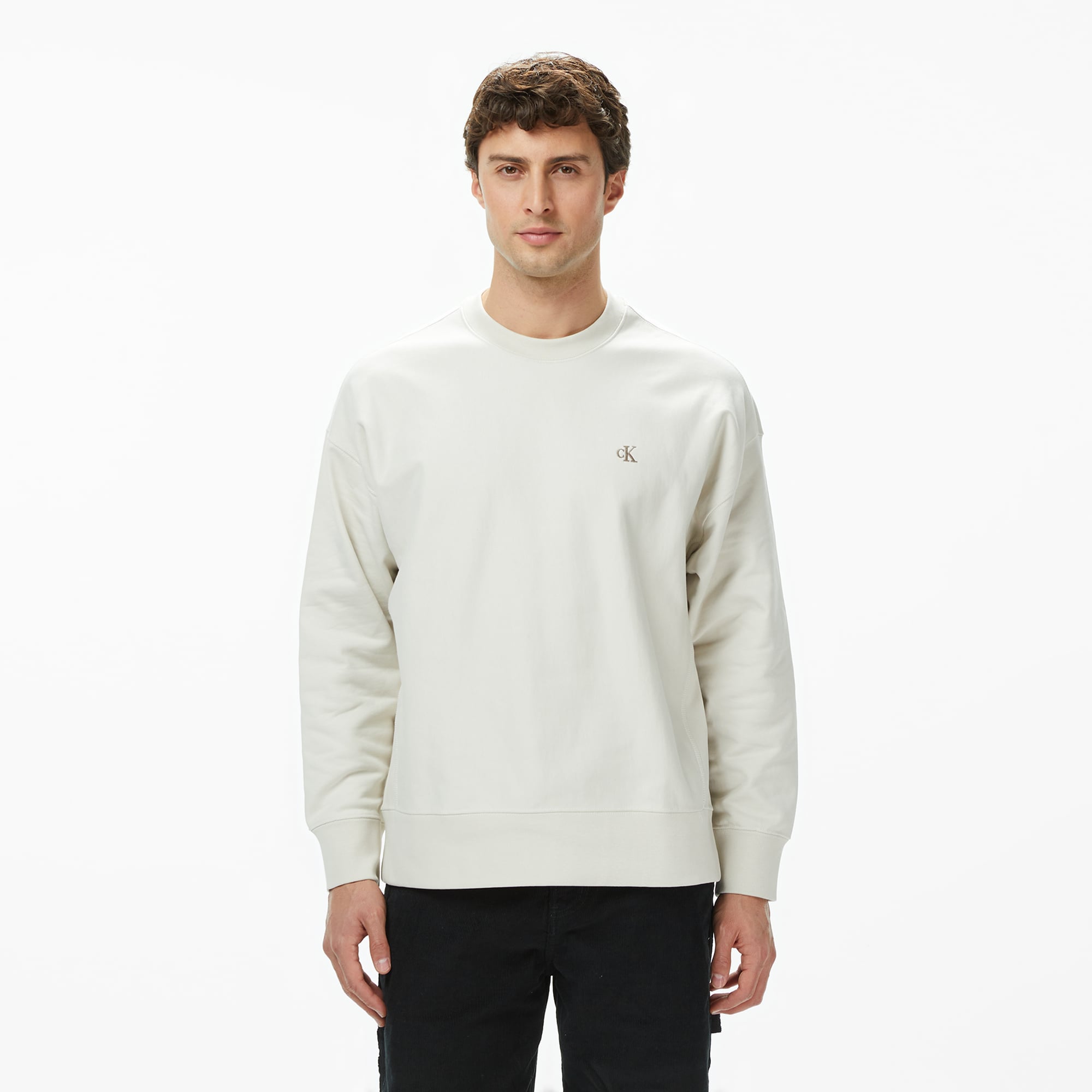  Calvin Klein Premium Terry Monogram Erkek Beyaz Sweatshirt