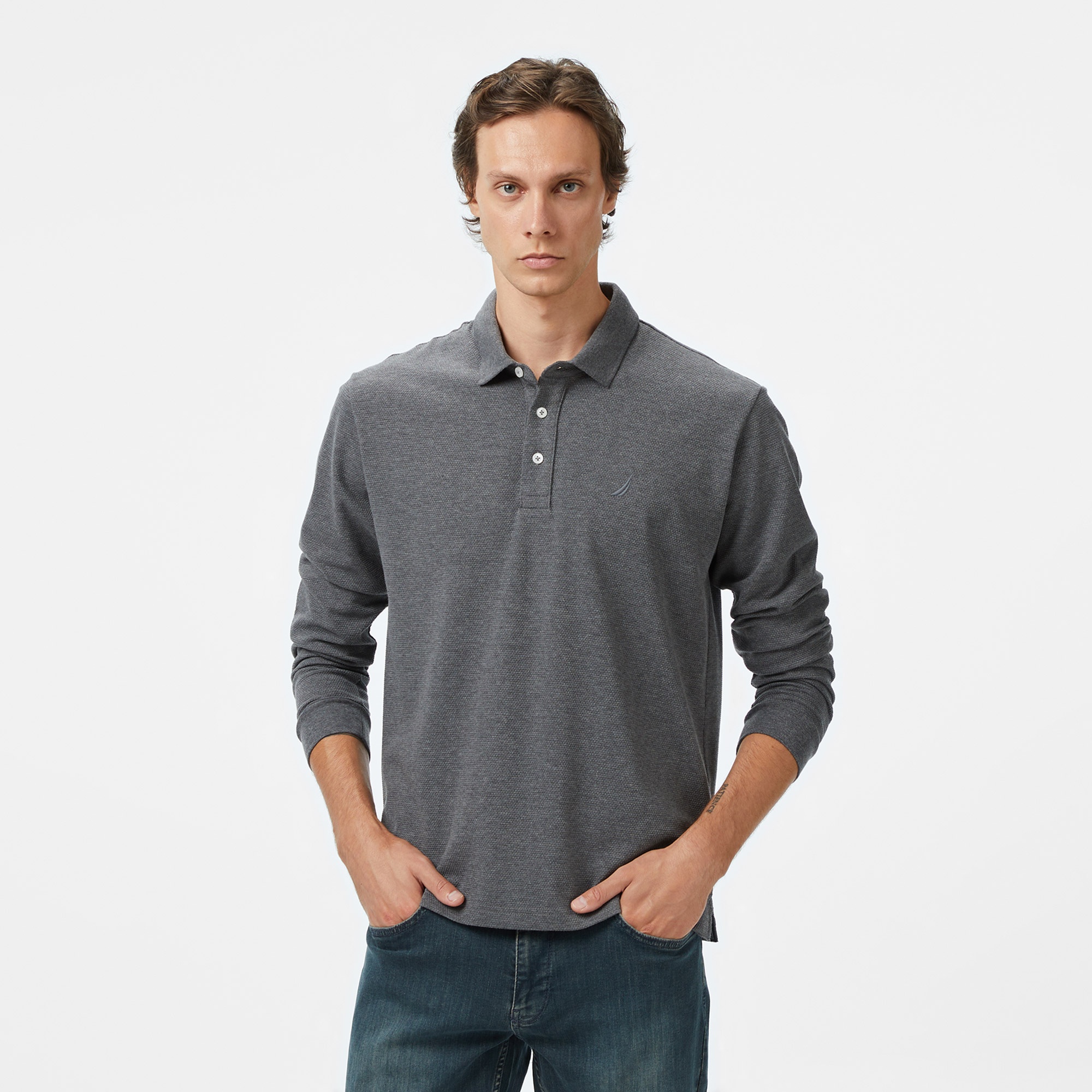 Nautica Erkek Gri Classic Fit Uzun Kollu Polo Yaka T-Shirt