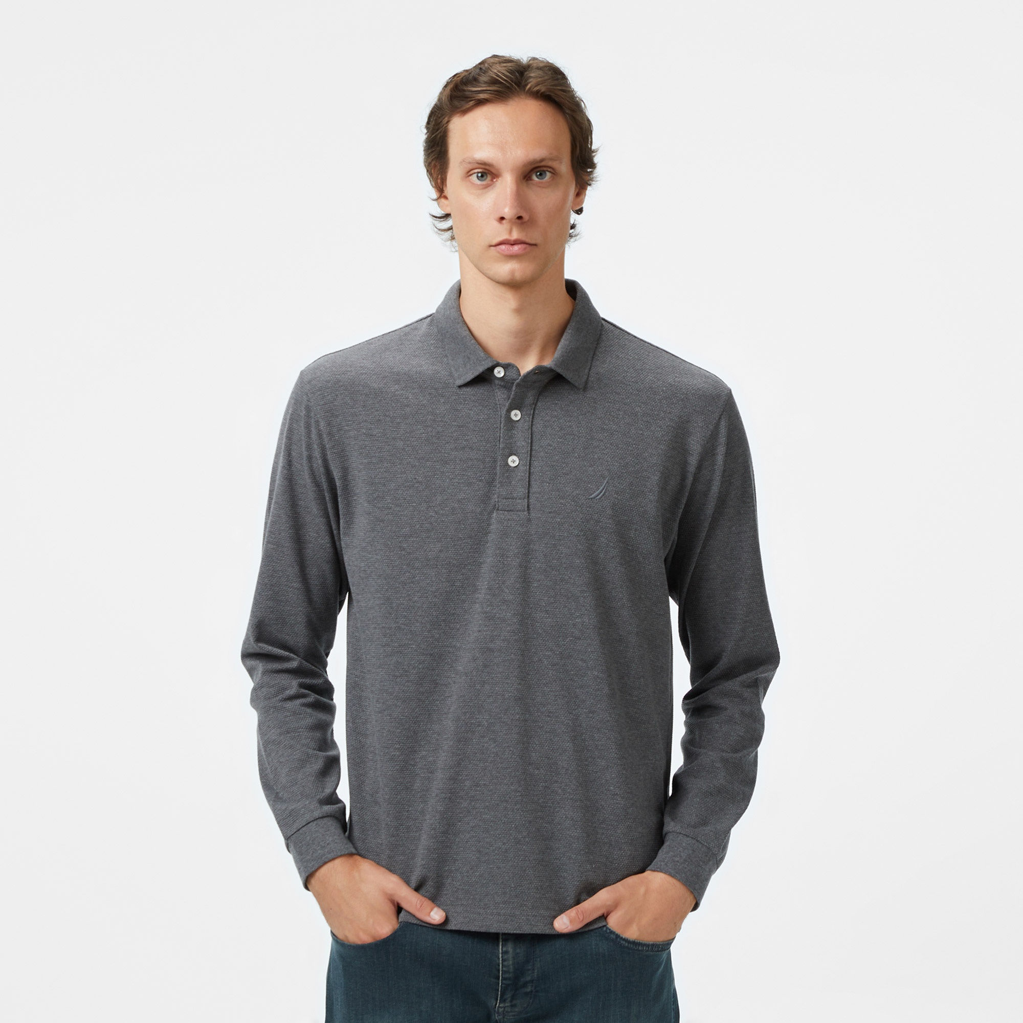 Nautica Erkek Gri Classic Fit Uzun Kollu Polo Yaka T-Shirt