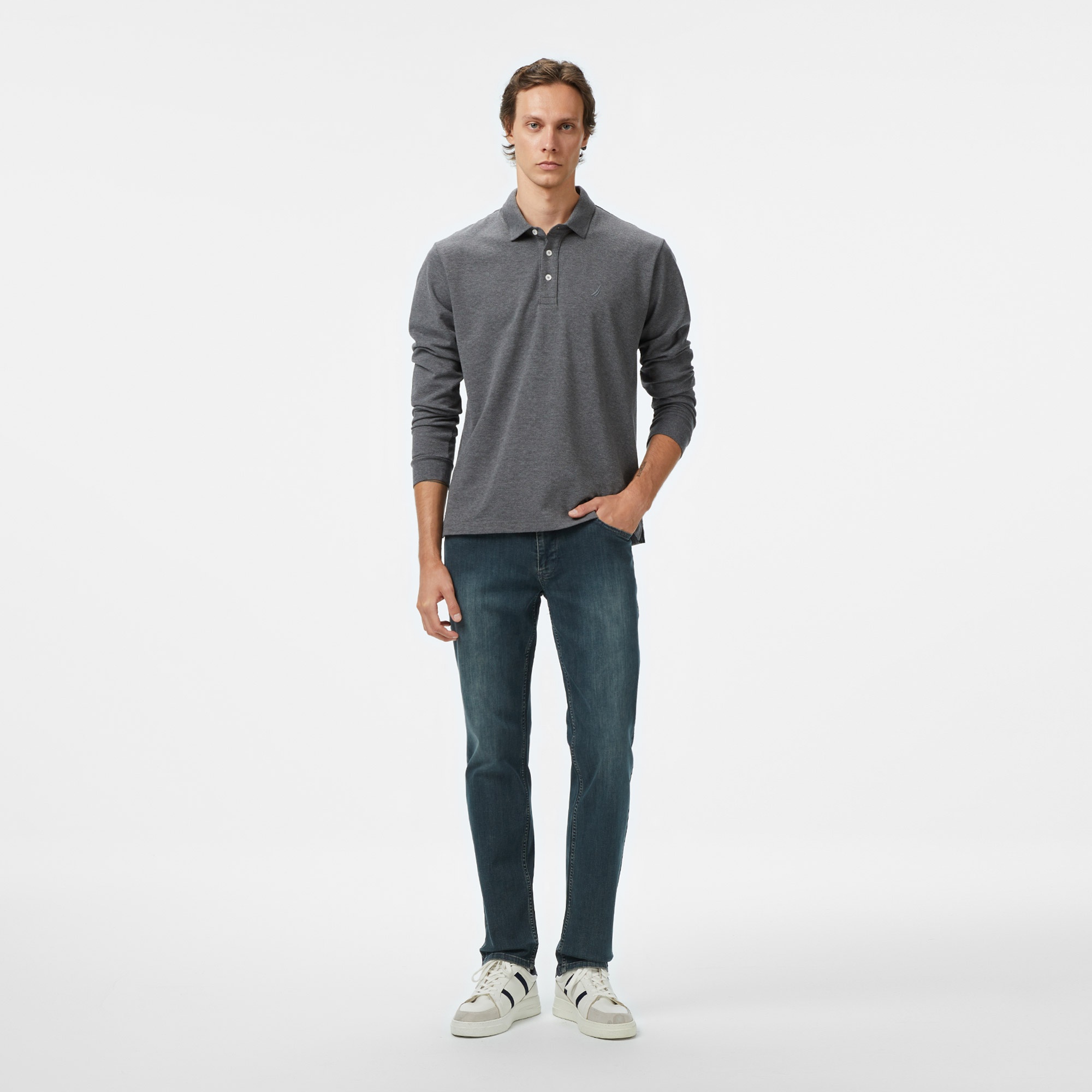Nautica Erkek Gri Classic Fit Uzun Kollu Polo Yaka T-Shirt