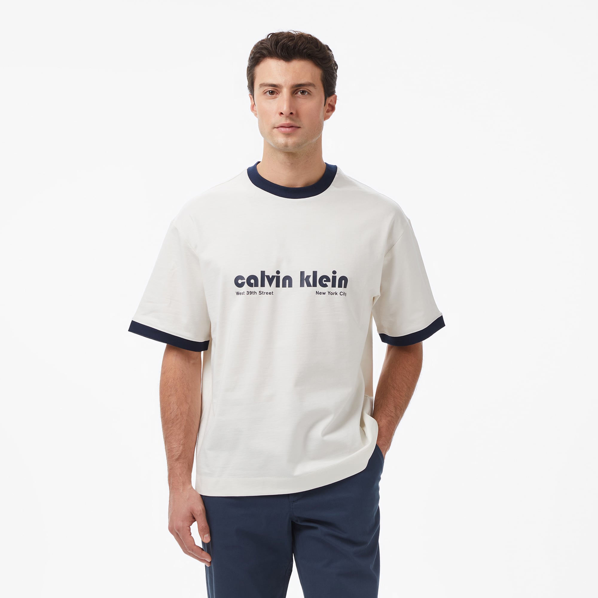  Calvin Klein Retro Logo Ringer Erkek Beyaz T-Shirt
