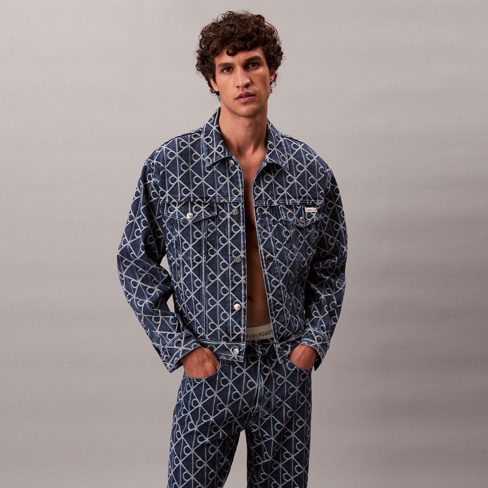 Calvin Klein 90S Indigo Emblem Jacquard Truck Erkek Mavi Ceket