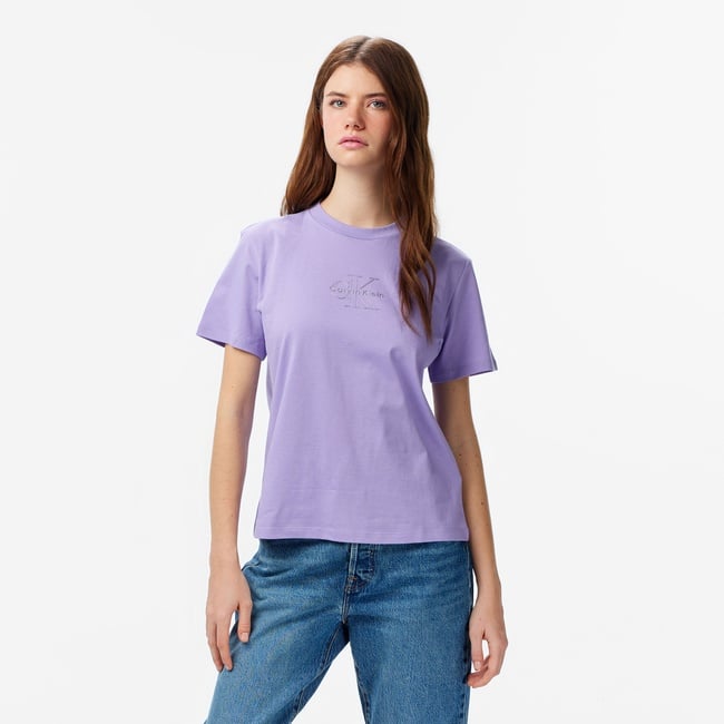  Calvin Klein Classic Foil Monologo Kadın Mor T-Shirt
