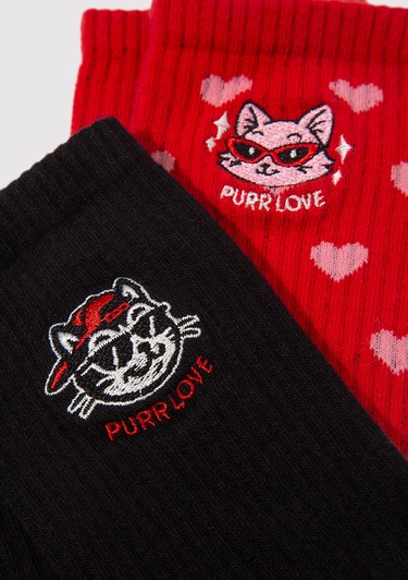  Mavi 2li Kedi İşlemeli Soket Çorap 0912419-900