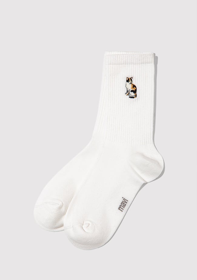  Mavi Kedi Nakışlı Ekru Soket Çorap 1913946-70048