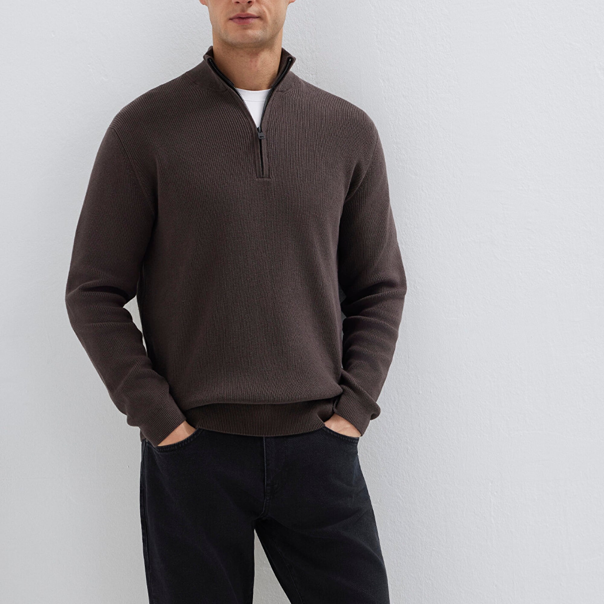 Mavi Yarı Fermuarlı Kahverengi Kazak Regular Fit / Normal Kesim 0710396-70219