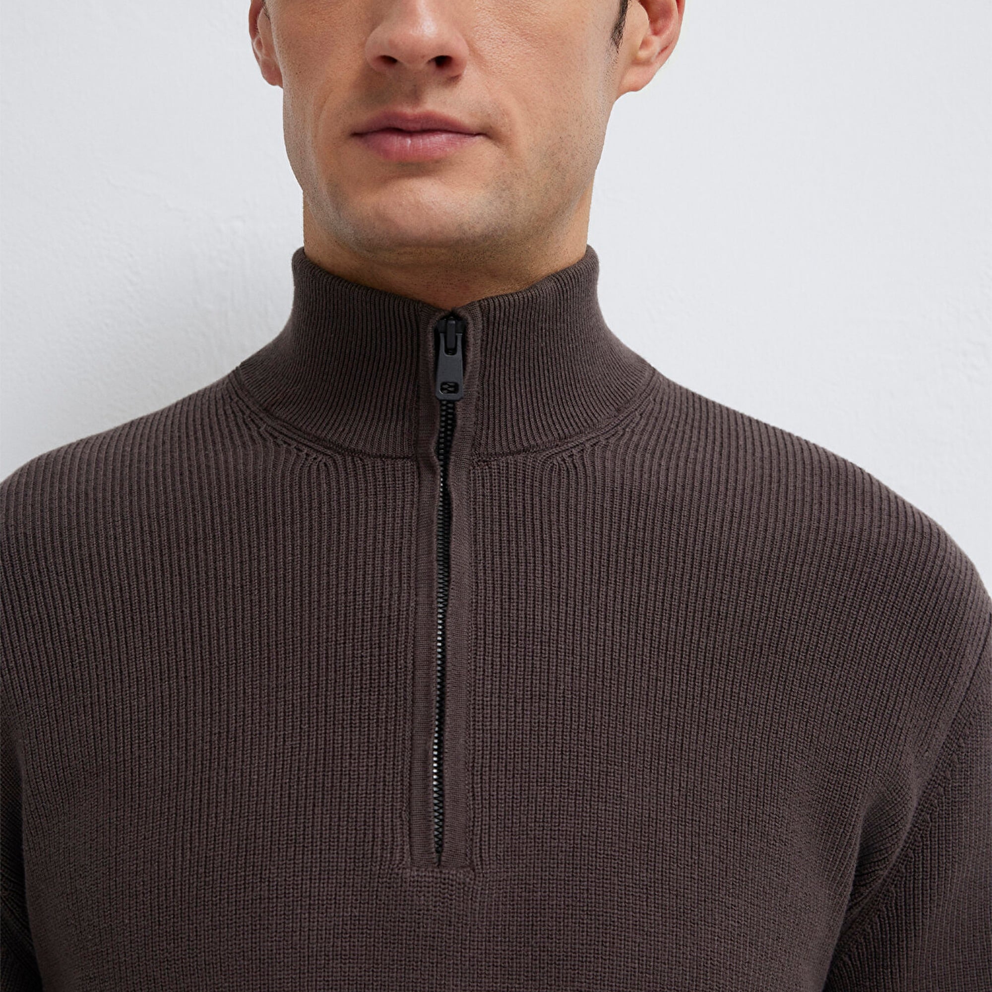 Mavi Yarı Fermuarlı Kahverengi Kazak Regular Fit / Normal Kesim 0710396-70219