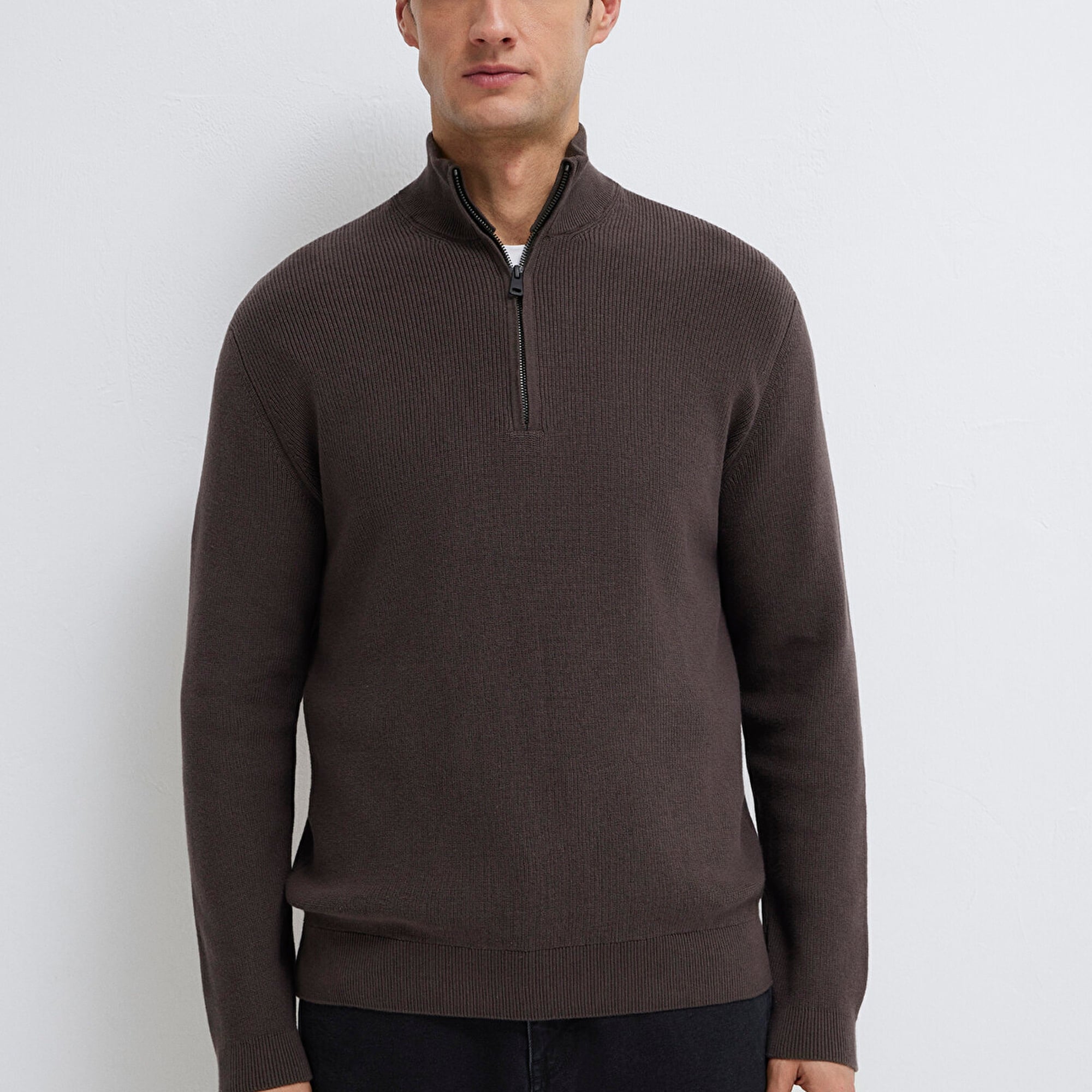 Mavi Yarı Fermuarlı Kahverengi Kazak Regular Fit / Normal Kesim 0710396-70219