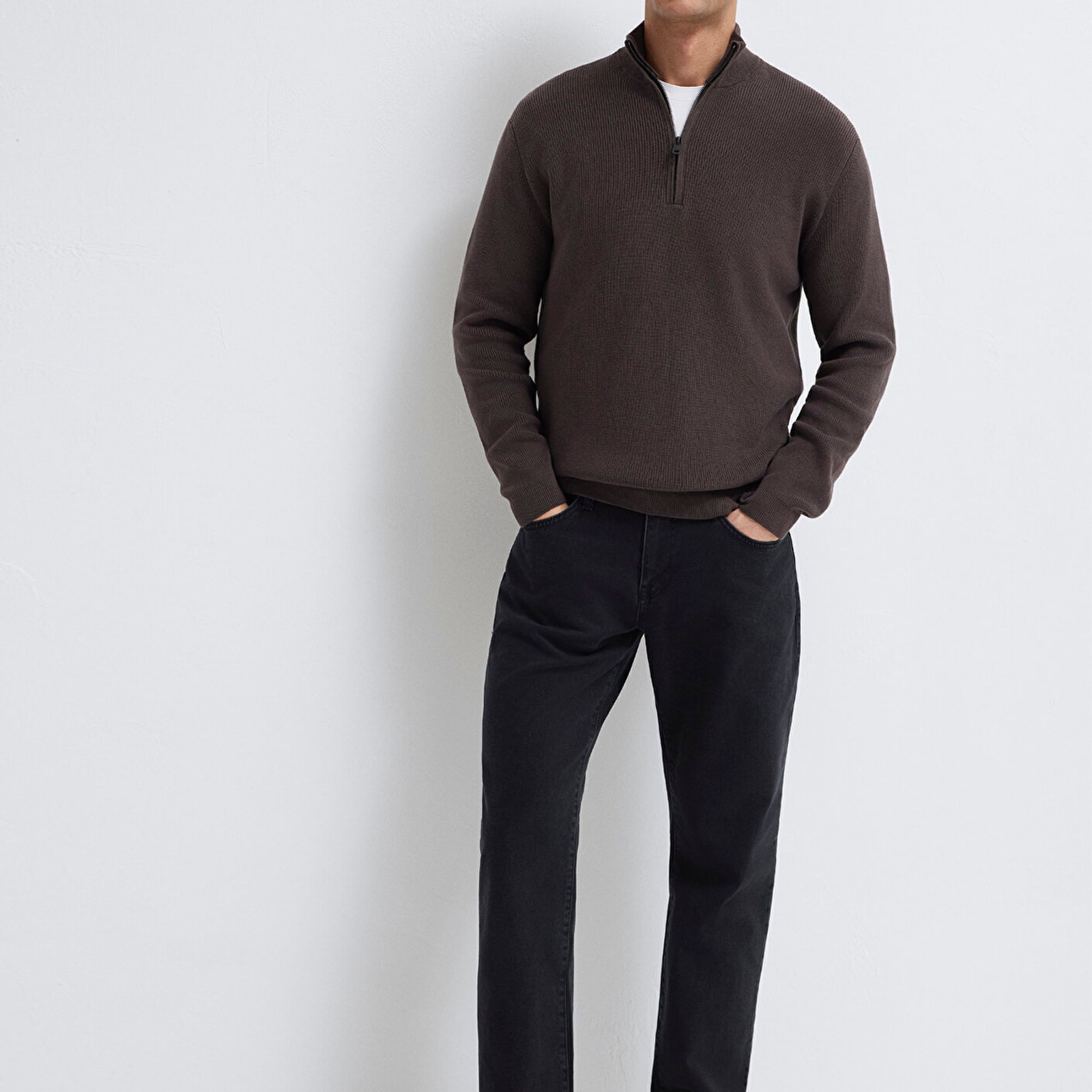 Mavi Yarı Fermuarlı Kahverengi Kazak Regular Fit / Normal Kesim 0710396-70219