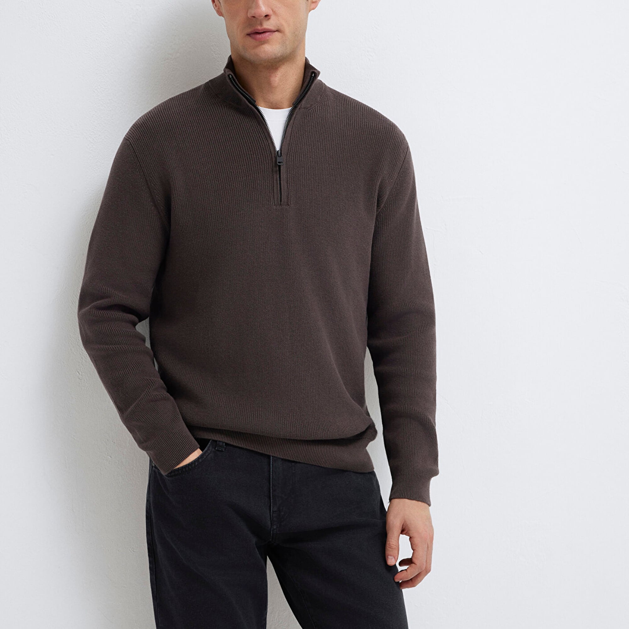 Mavi Yarı Fermuarlı Kahverengi Kazak Regular Fit / Normal Kesim 0710396-70219