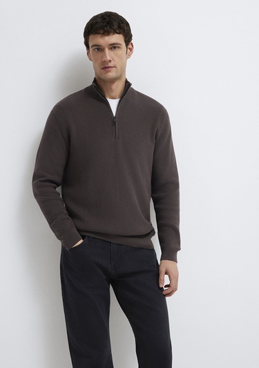  Mavi Yarı Fermuarlı Kahverengi Kazak Regular Fit / Normal Kesim 0710396-70219