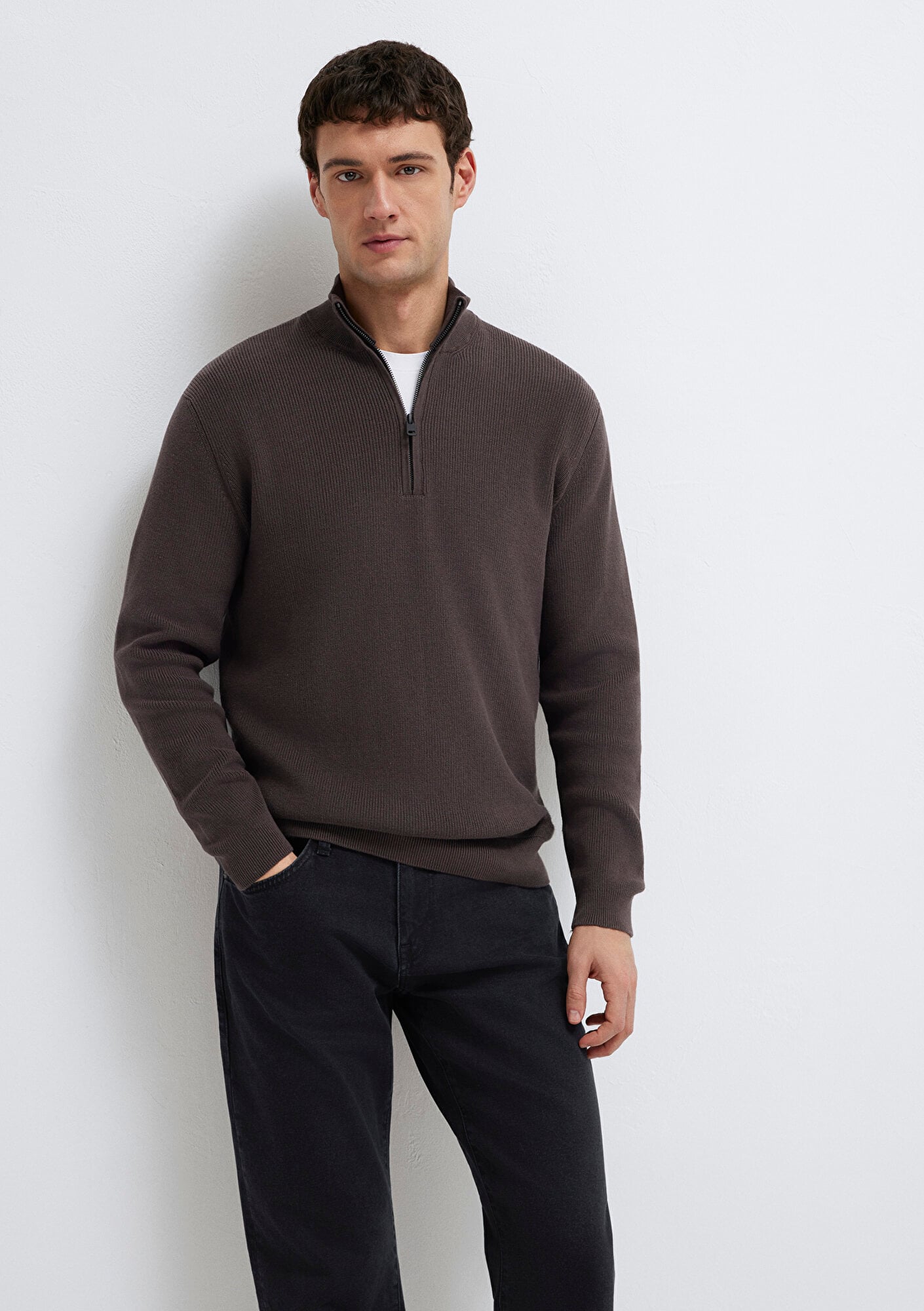  Mavi Yarı Fermuarlı Kahverengi Kazak Regular Fit / Normal Kesim 0710396-70219