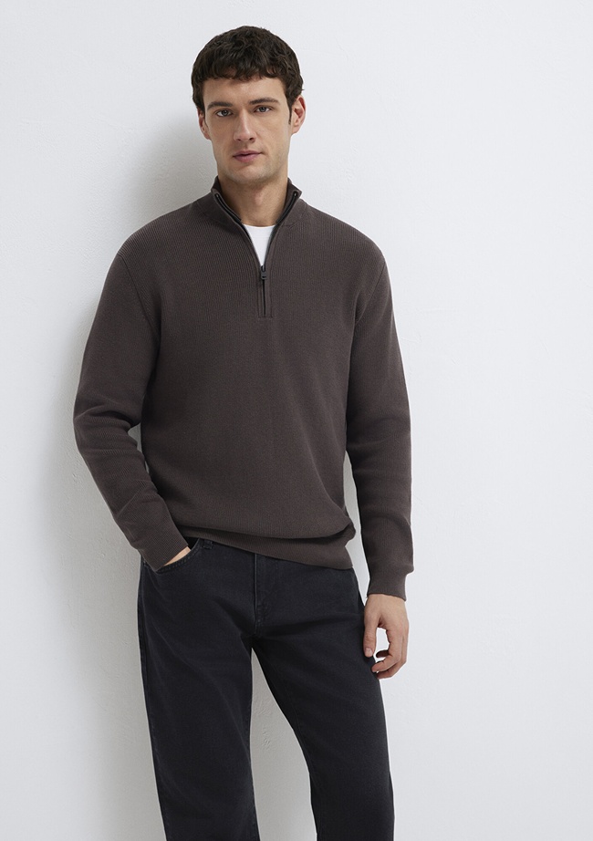  Mavi Yarı Fermuarlı Kahverengi Kazak Regular Fit / Normal Kesim 0710396-70219