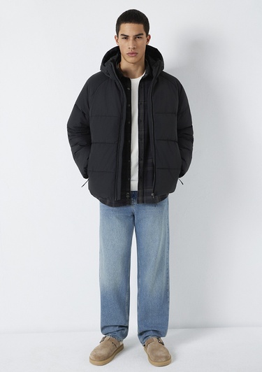  Mavi Kapüşonlu Siyah Ceket Loose Fit / Bol Rahat Kesim 0110756-71379