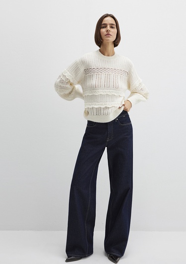  Mavi Yuvarlak Yaka Ekru Kazak Loose Fit / Bol Rahat Kesim 1710881-80194