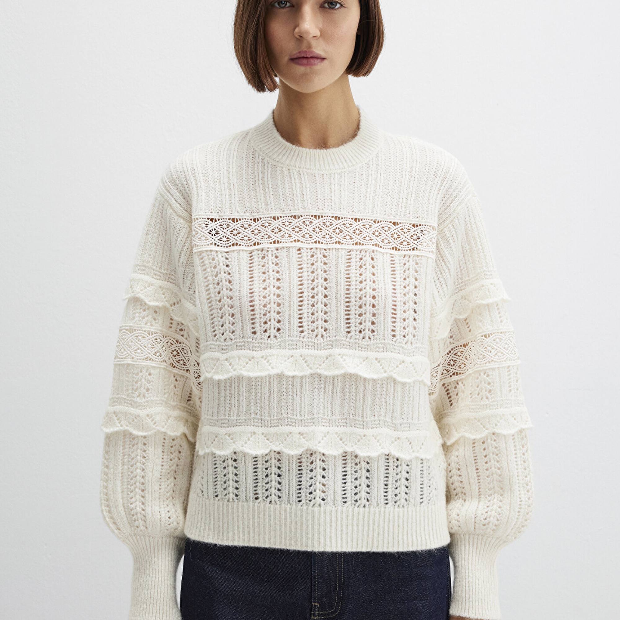 Mavi Yuvarlak Yaka Ekru Kazak Loose Fit / Bol Rahat Kesim 1710881-80194