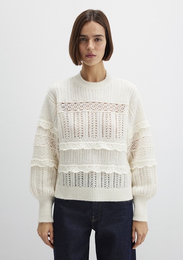  Mavi Yuvarlak Yaka Ekru Kazak Loose Fit / Bol Rahat Kesim 1710881-80194