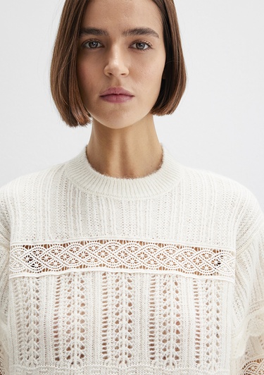  Mavi Yuvarlak Yaka Ekru Kazak Loose Fit / Bol Rahat Kesim 1710881-80194