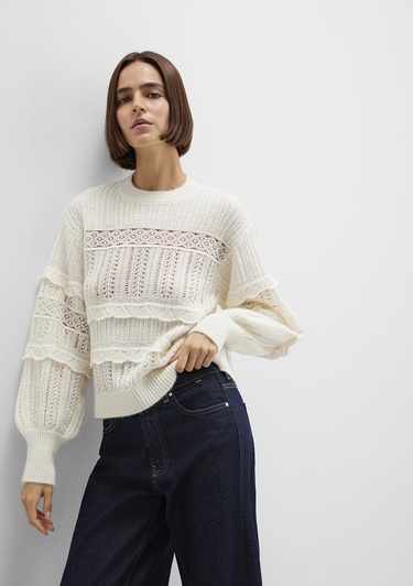  Mavi Yuvarlak Yaka Ekru Kazak Loose Fit / Bol Rahat Kesim 1710881-80194