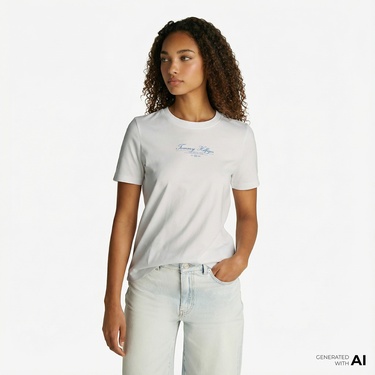  Tommy Hilfiger Reg Script Kadın Beyaz T-Shirt