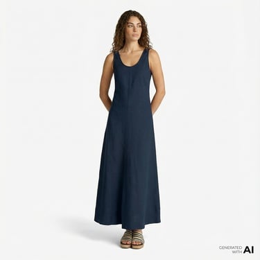  Tommy Hilfiger Textured Linen Tank Maxi Kadın Lacivert Elbise