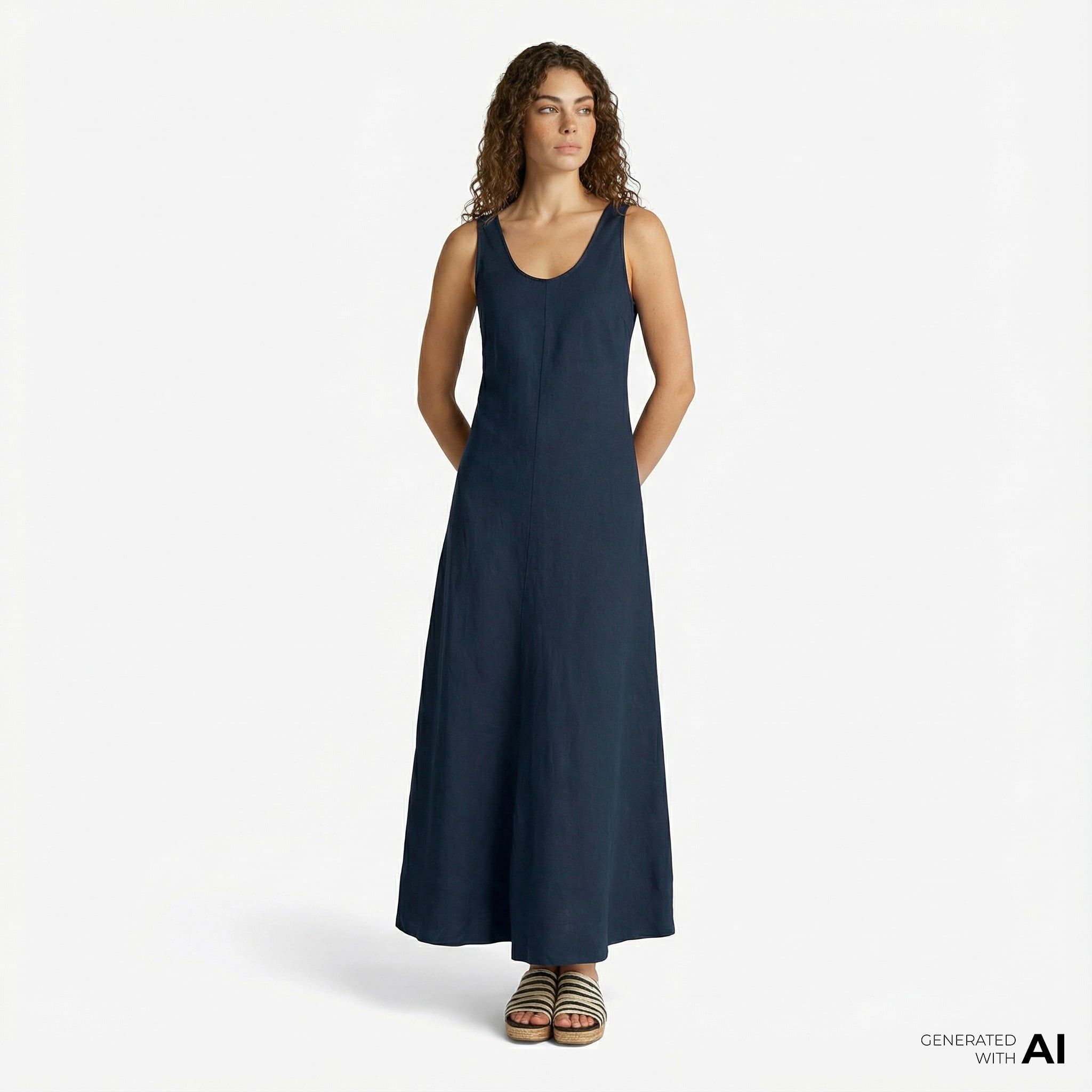  Tommy Hilfiger Textured Linen Tank Maxi Kadın Lacivert Elbise
