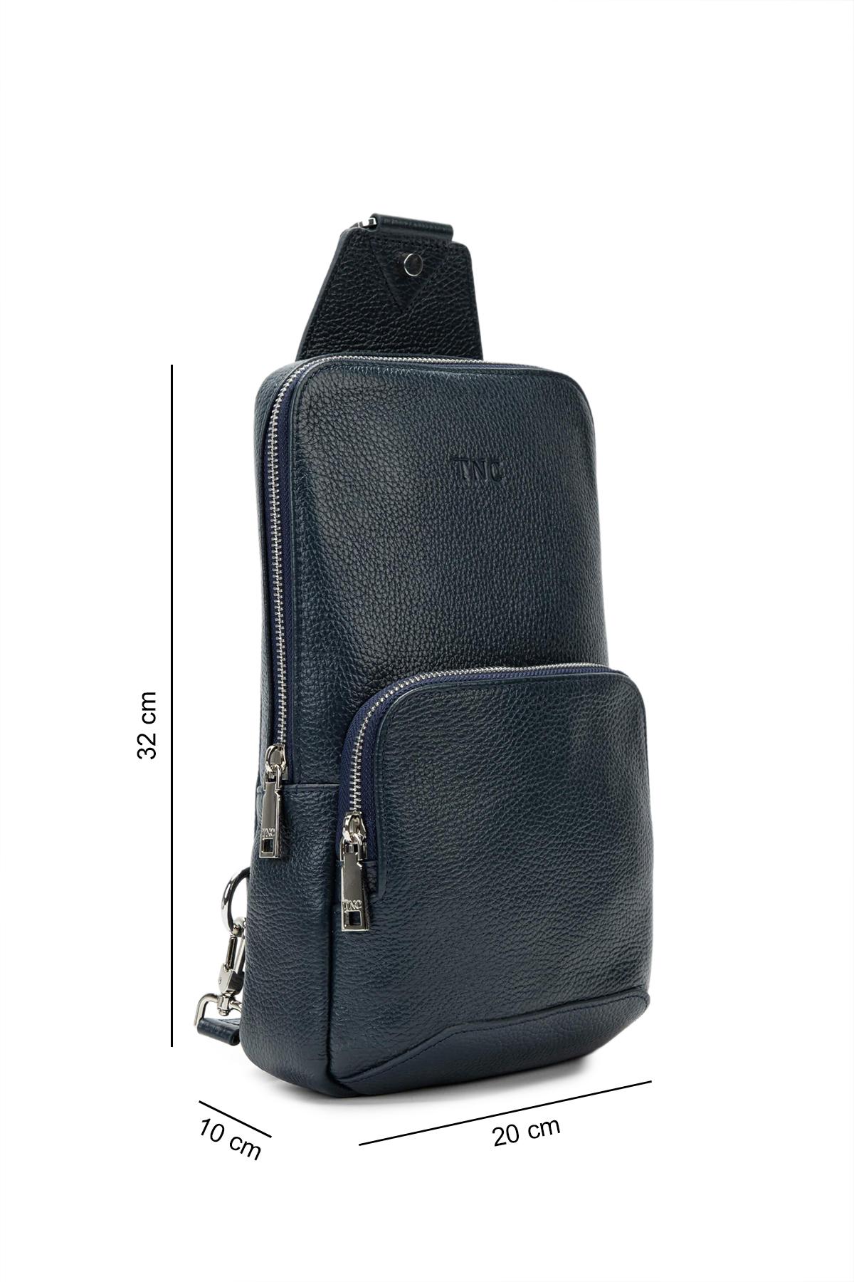  Tamer Tanca Erkek Hakiki Deri Lacivert Body Bag Çanta