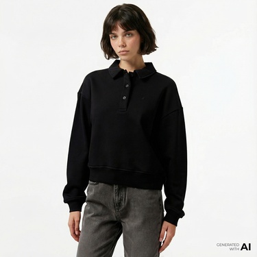  Nautica Kadın Siyah Oversize Uzun Kollu Polo