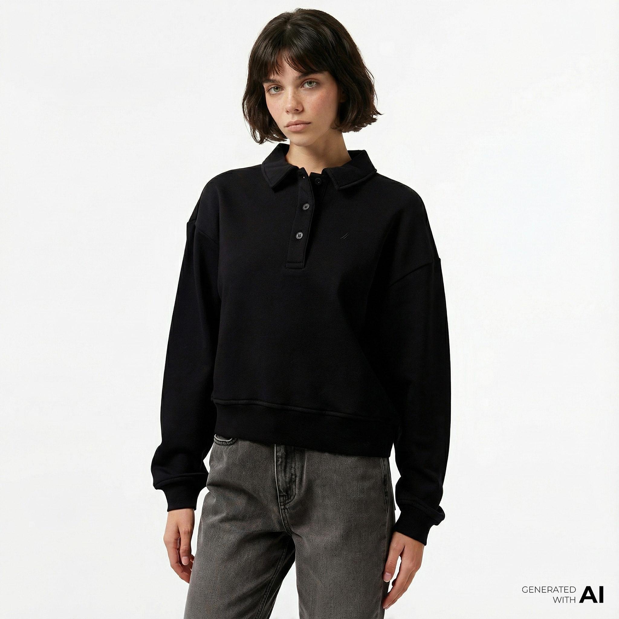  Nautica Kadın Siyah Oversize Uzun Kollu Polo