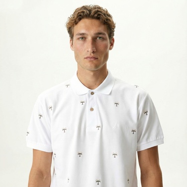  Nautica Erkek Beyaz Classic Fit Kısa Kollu Desenli Polo Yaka T-Shirt