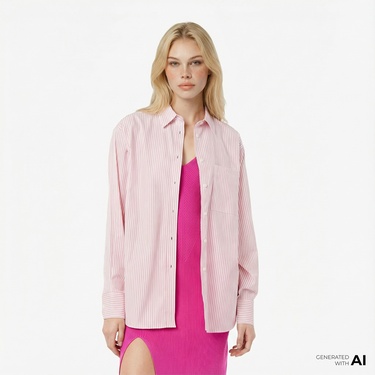  Lacoste Kadın Oversize Fit Çizgili Pembe Gömlek