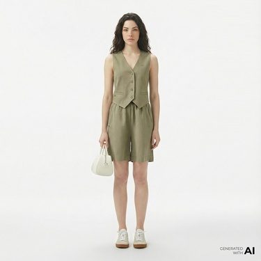  Lacoste Kadın Regular Fit Haki Bermuda Şort