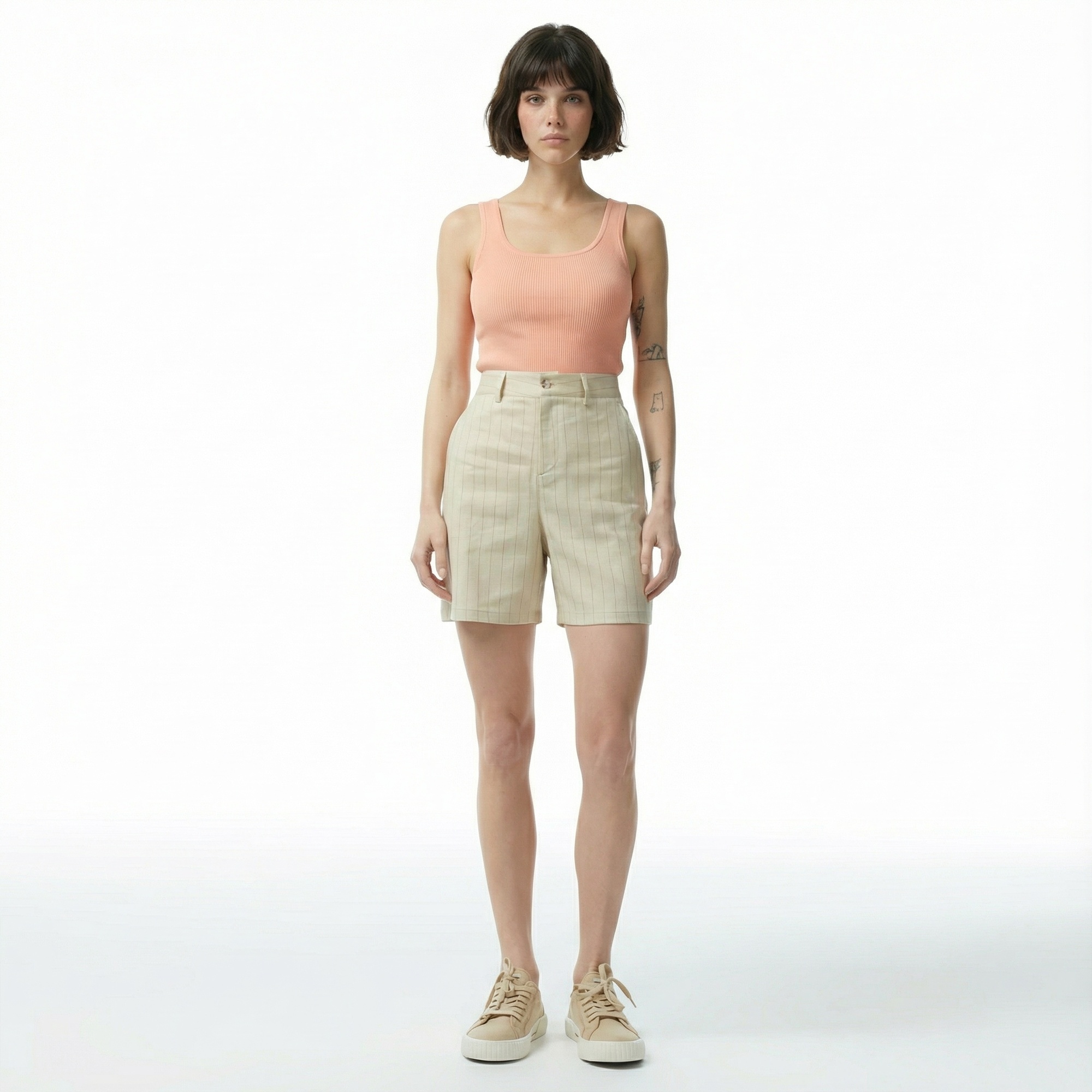 Nautica Kadın Bej Relaxed Fit Çizgili Şort