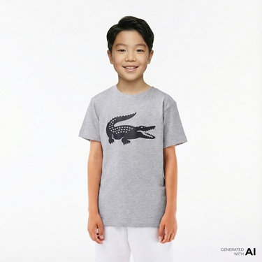  Lacoste Erkek Çocuk Bisiklet Yaka Baskılı Gri T-Shirt