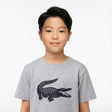  Lacoste Erkek Çocuk Bisiklet Yaka Baskılı Gri T-Shirt