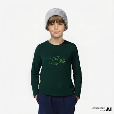  Lacoste Erkek Çocuk Uzun Kollu Bisiklet Yaka Baskılı Yeşil T-Shirt