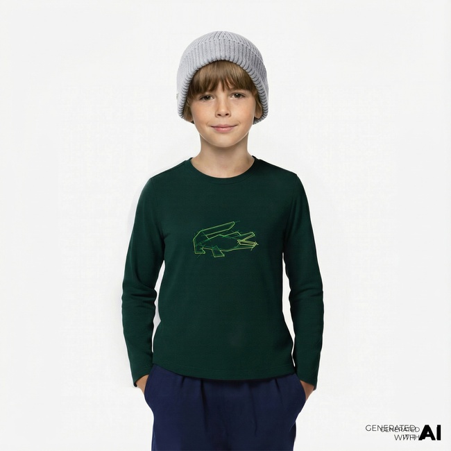  Lacoste Erkek Çocuk Uzun Kollu Bisiklet Yaka Baskılı Yeşil T-Shirt