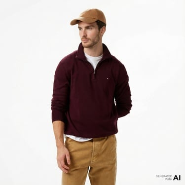  Tommy Hilfiger Essential Mock Erkek Kırmızı Yarım Fermuarlı Triko