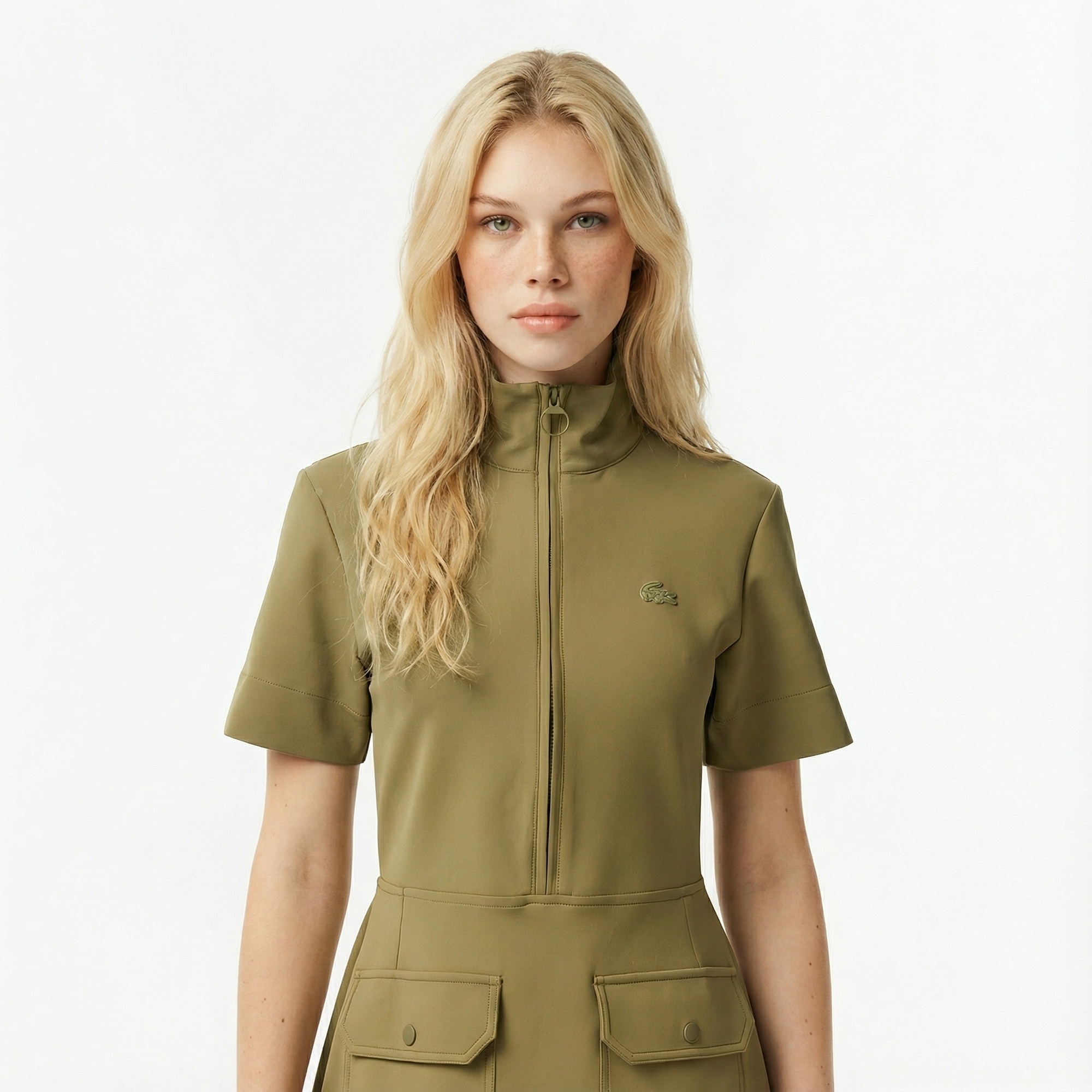 Lacoste Kadın Classic Fit Kısa Kollu Dik Yaka Haki Elbise