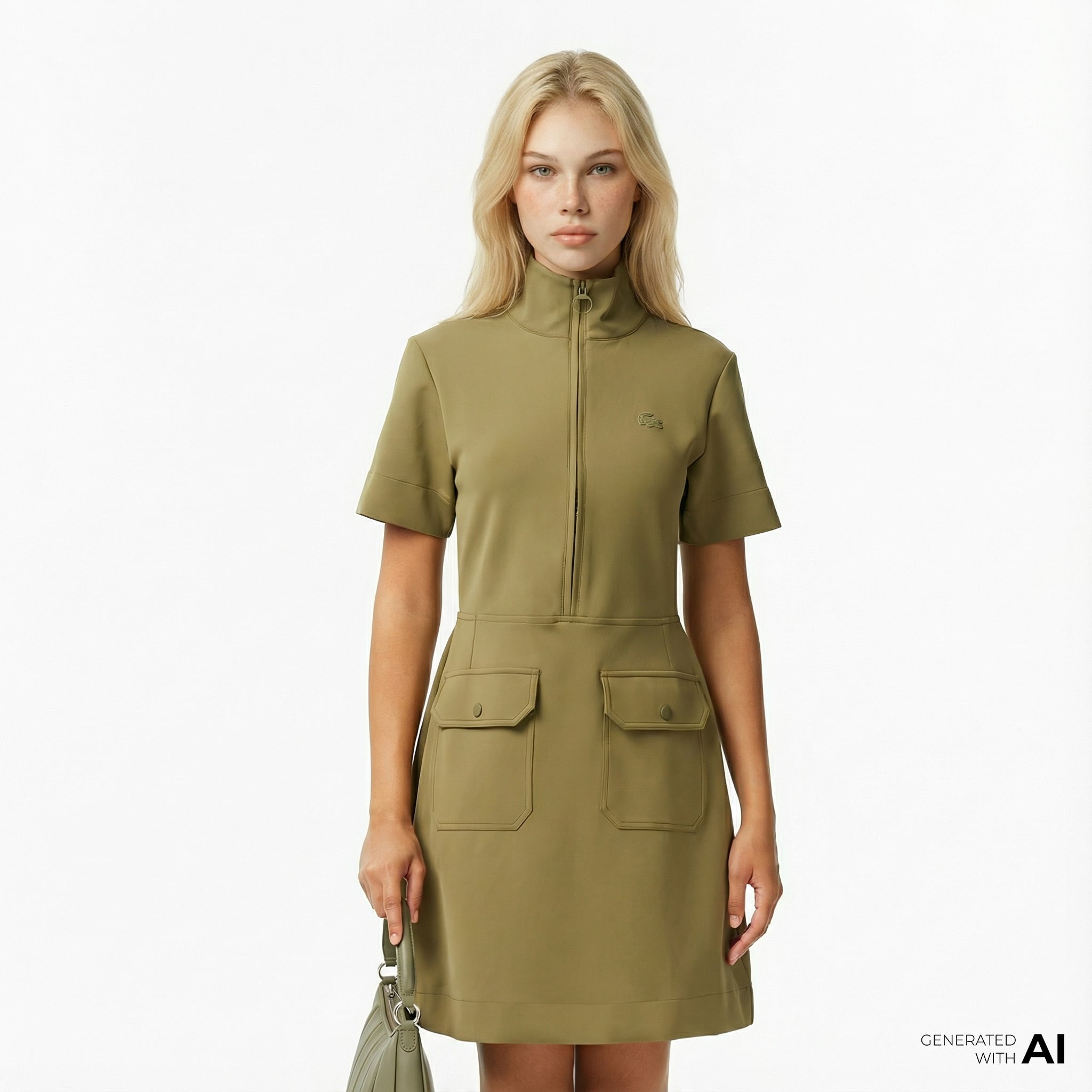  Lacoste Kadın Classic Fit Kısa Kollu Dik Yaka Haki Elbise