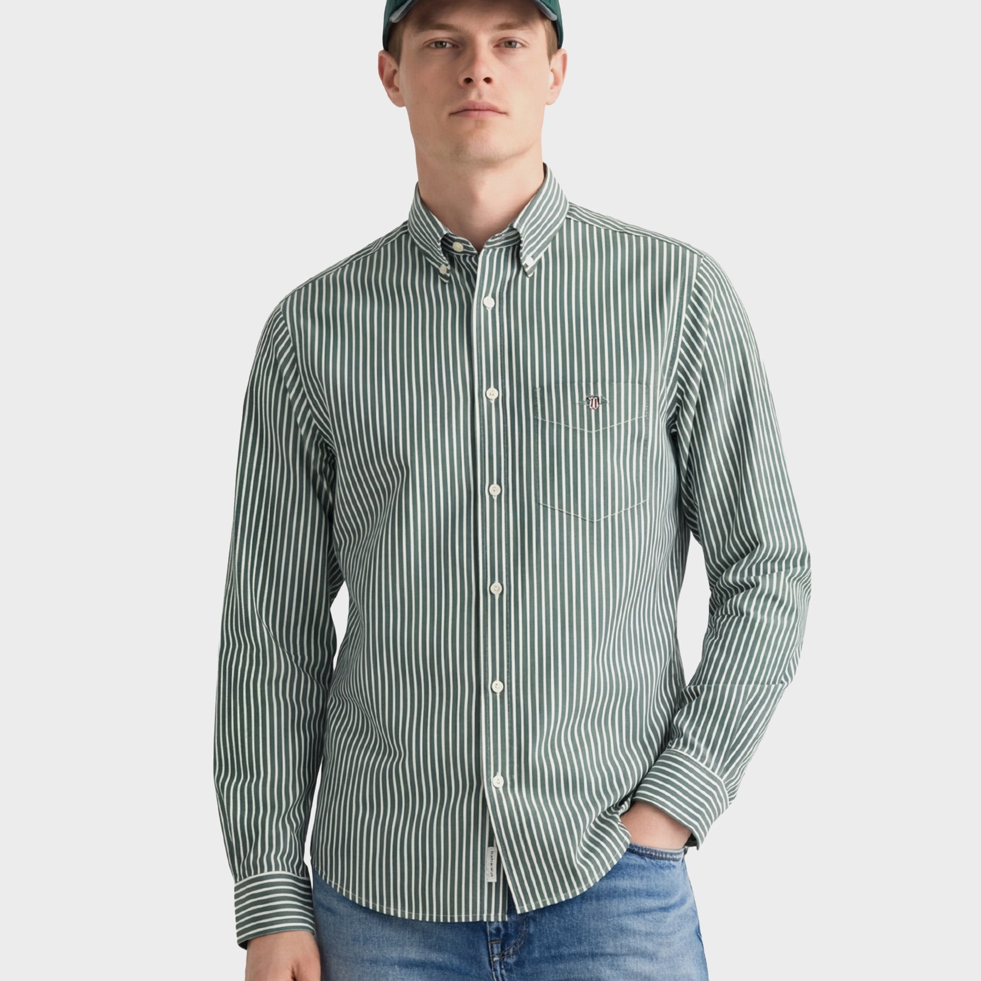 GANT Erkek Yeşil Regular Fit Düğmeli Yaka Çizgili Poplin Gömlek